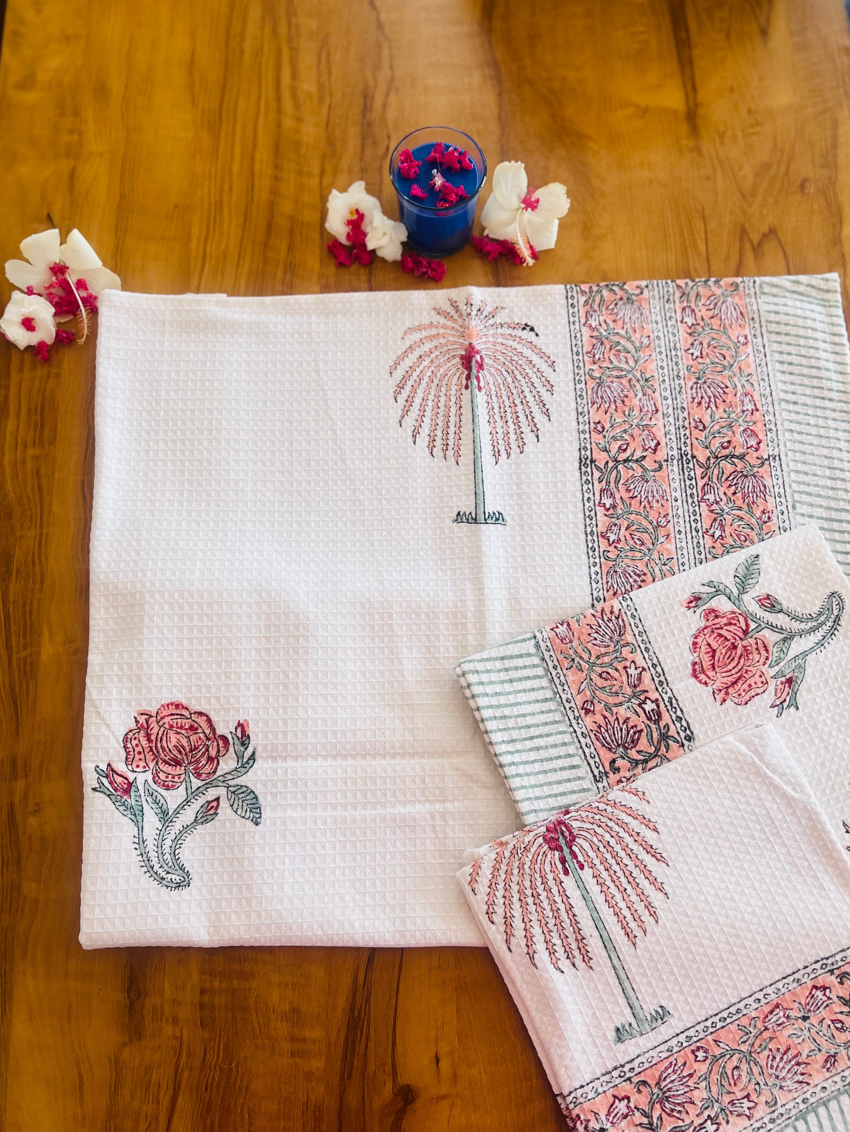 Hand Block Printed Waffle Cotton Towel Set
