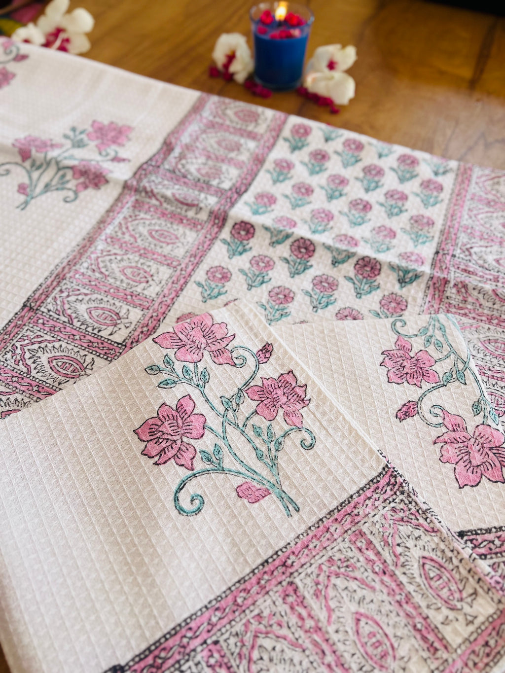 Hand Block Printed Waffle Cotton Towel Set