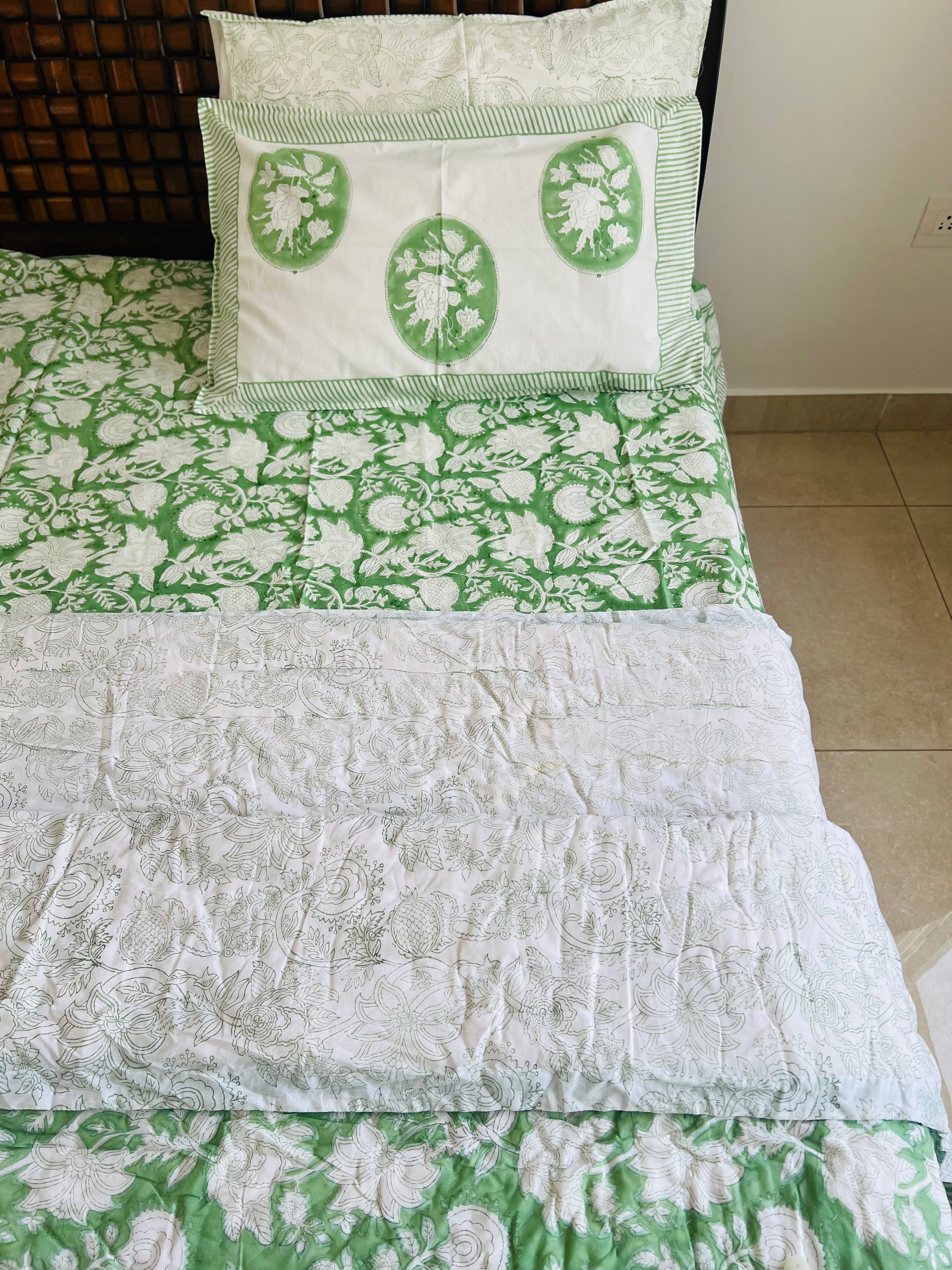 Mulmul Quilt (Rajai) & Cotton Bedsheet Set in Handblock Print