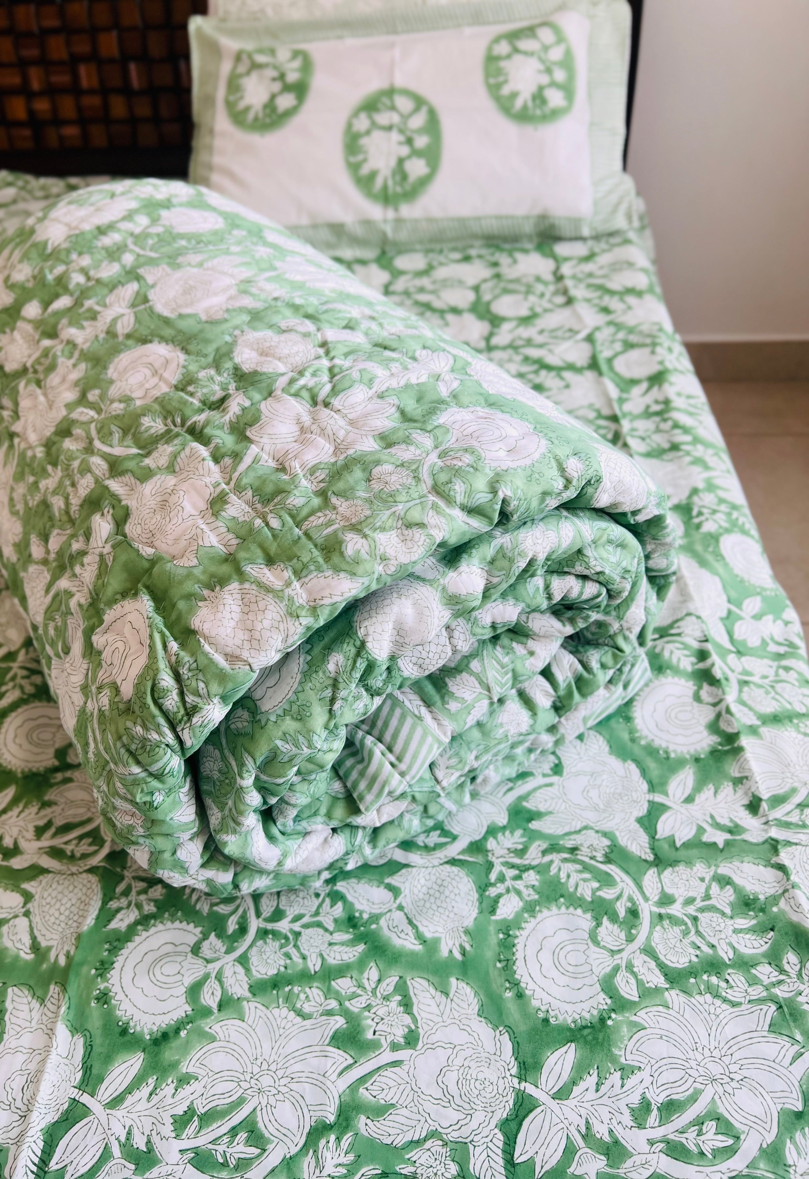 Mulmul Quilt (Rajai) & Cotton Bedsheet Set in Handblock Print