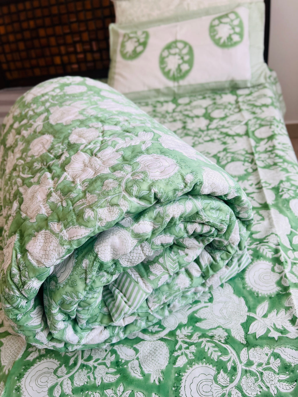 Mulmul Quilt (Rajai) & Cotton Bedsheet Set in Handblock Print
