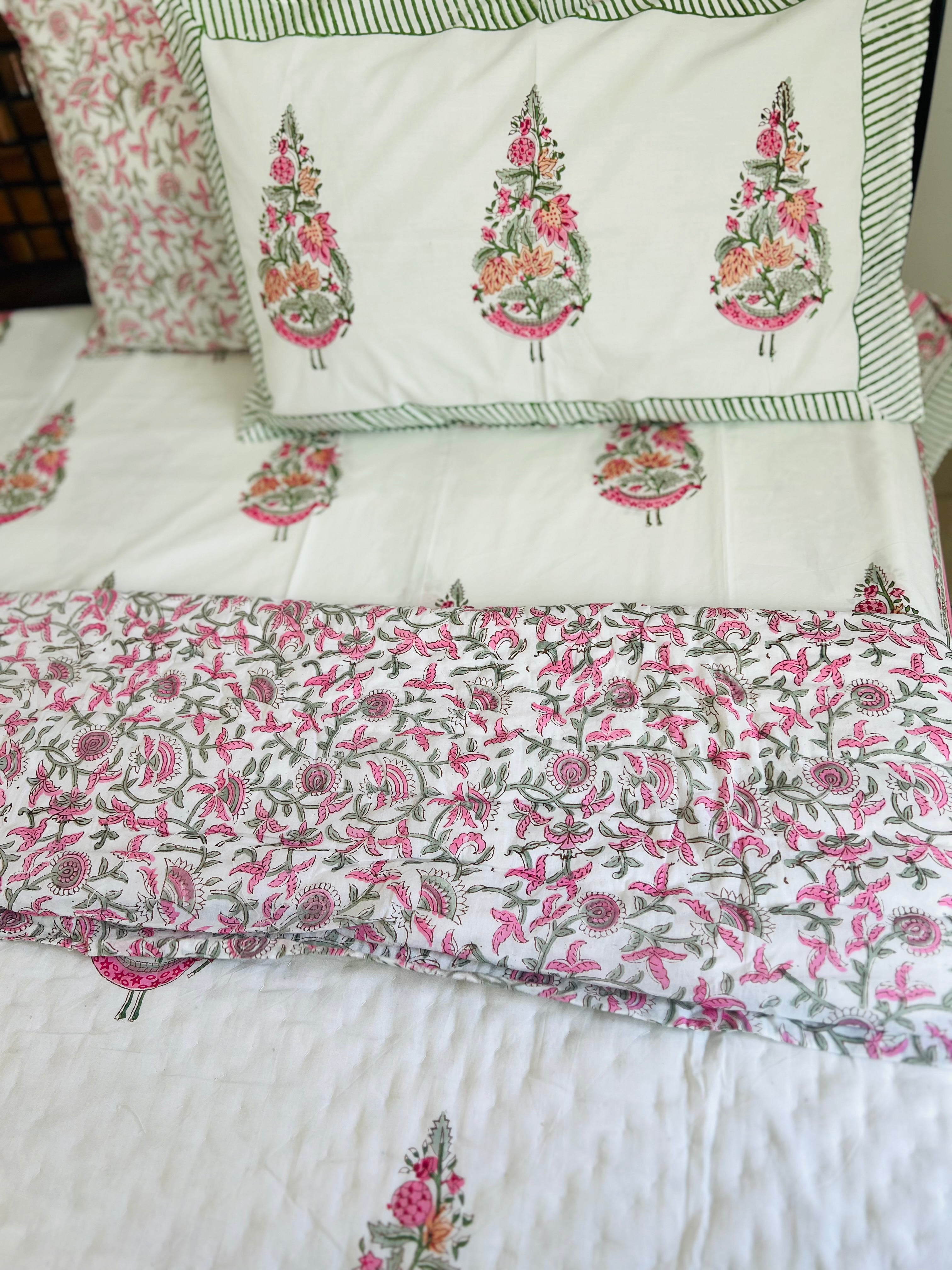 Mulmul Quilt (Rajai) & Cotton Bedsheet Set in Handblock Print