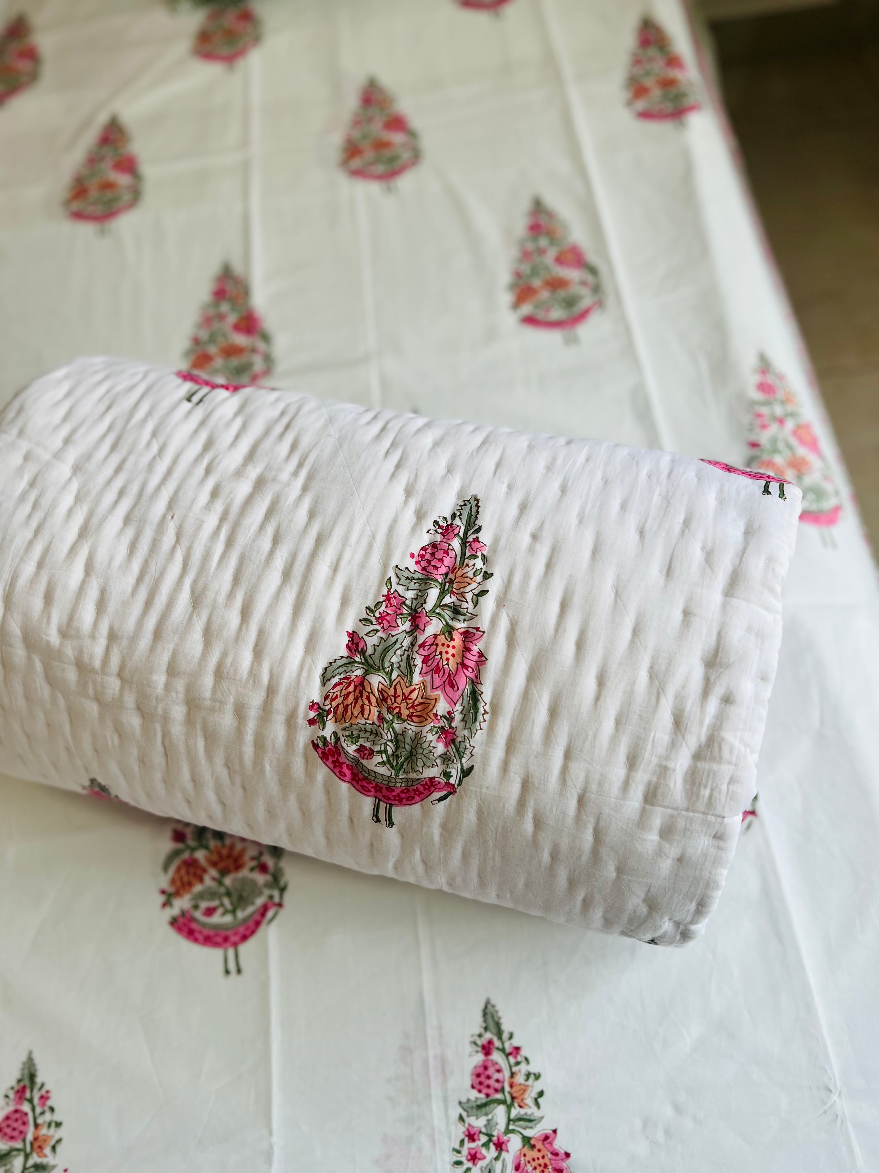 Mulmul Quilt (Rajai) & Cotton Bedsheet Set in Handblock Print