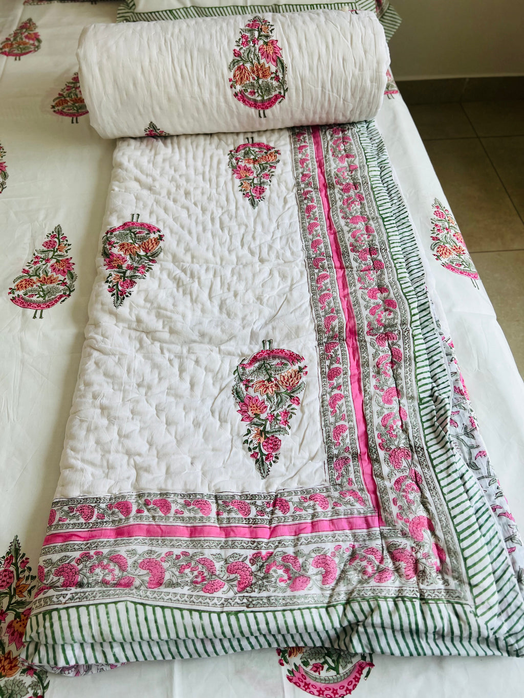 Mulmul Quilt (Rajai) & Cotton Bedsheet Set in Handblock Print
